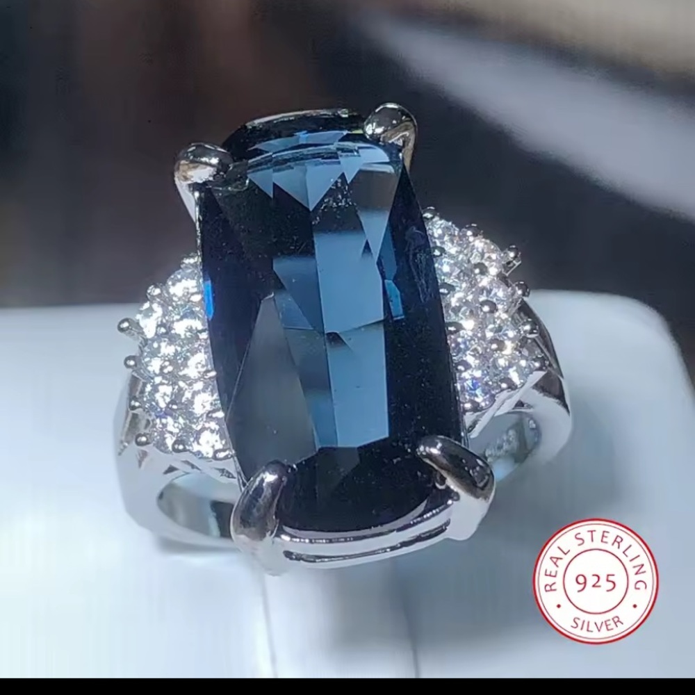 Sterling Silver Faceted London Blue Topaz with Pavé Accents Statement Ring